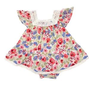 Cynthia Rowley Floral Romper Dress Kids Pink Blue Crochet Lace Trim 3-6M